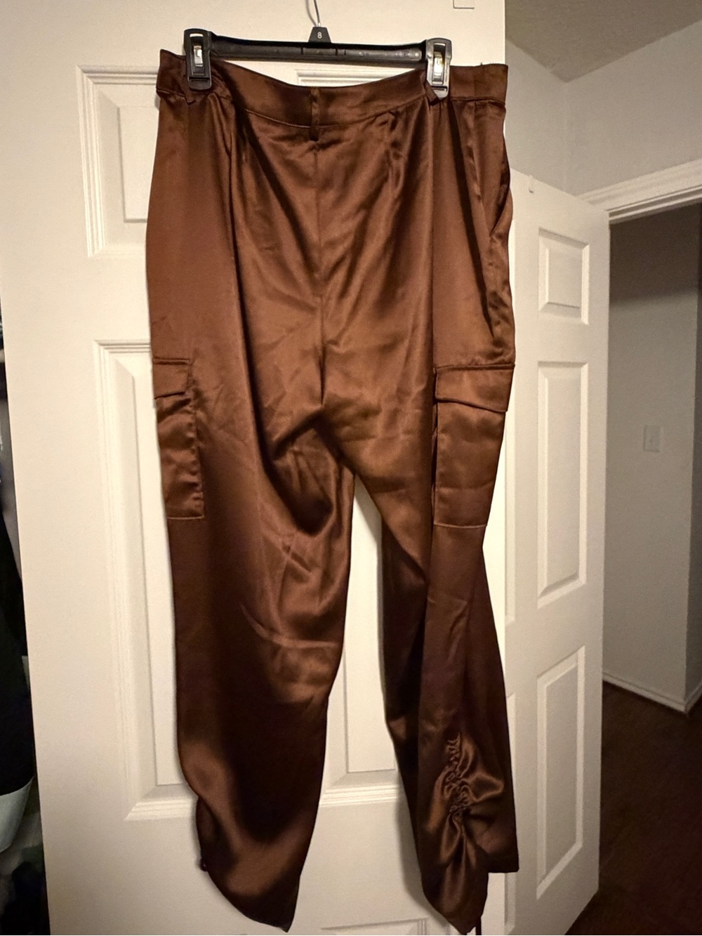 Jennifer Lopez Brown Satin Cargo Track Pants